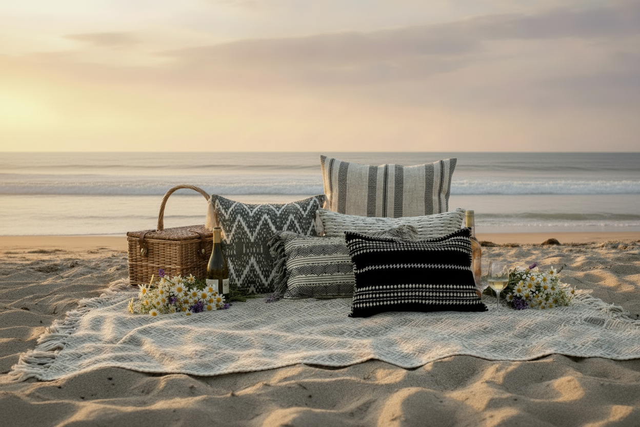 Beach Picnic - Flowers in Front of Basket