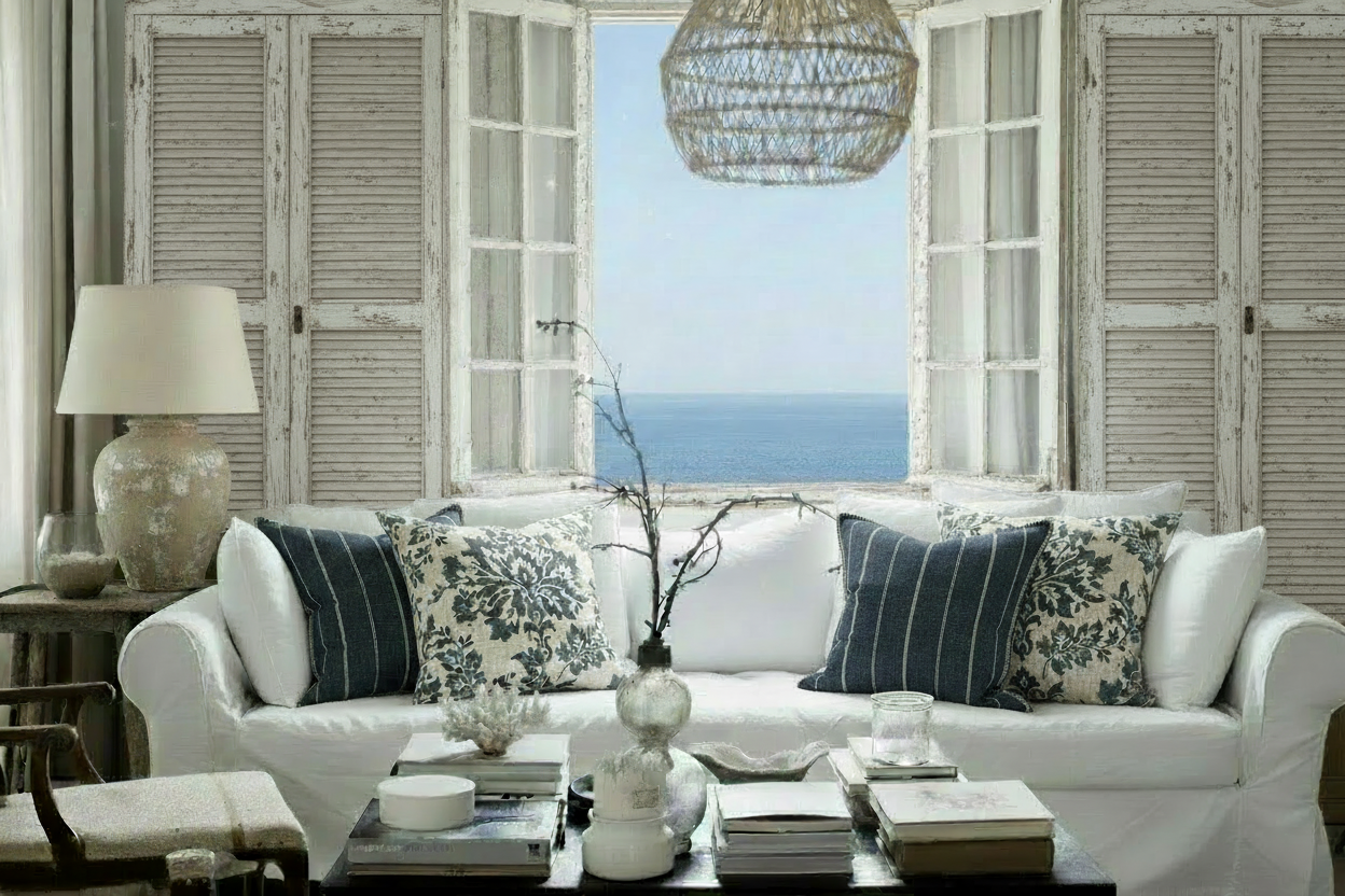 Beachhouse Living Room Louvered Shutter Armoires